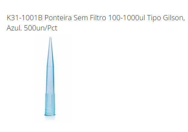 PONTEIRA S/ FILTRO 100- 1000 µL GILSON. AZUL. 500 UN/PCT